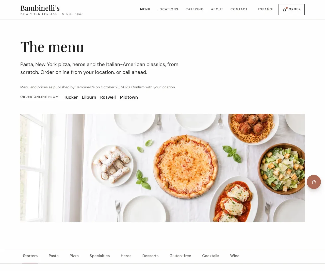 The live trattoria menu page: the serif title, a wide photograph of a table set with pizza, pasta and salad, and the menu category bar