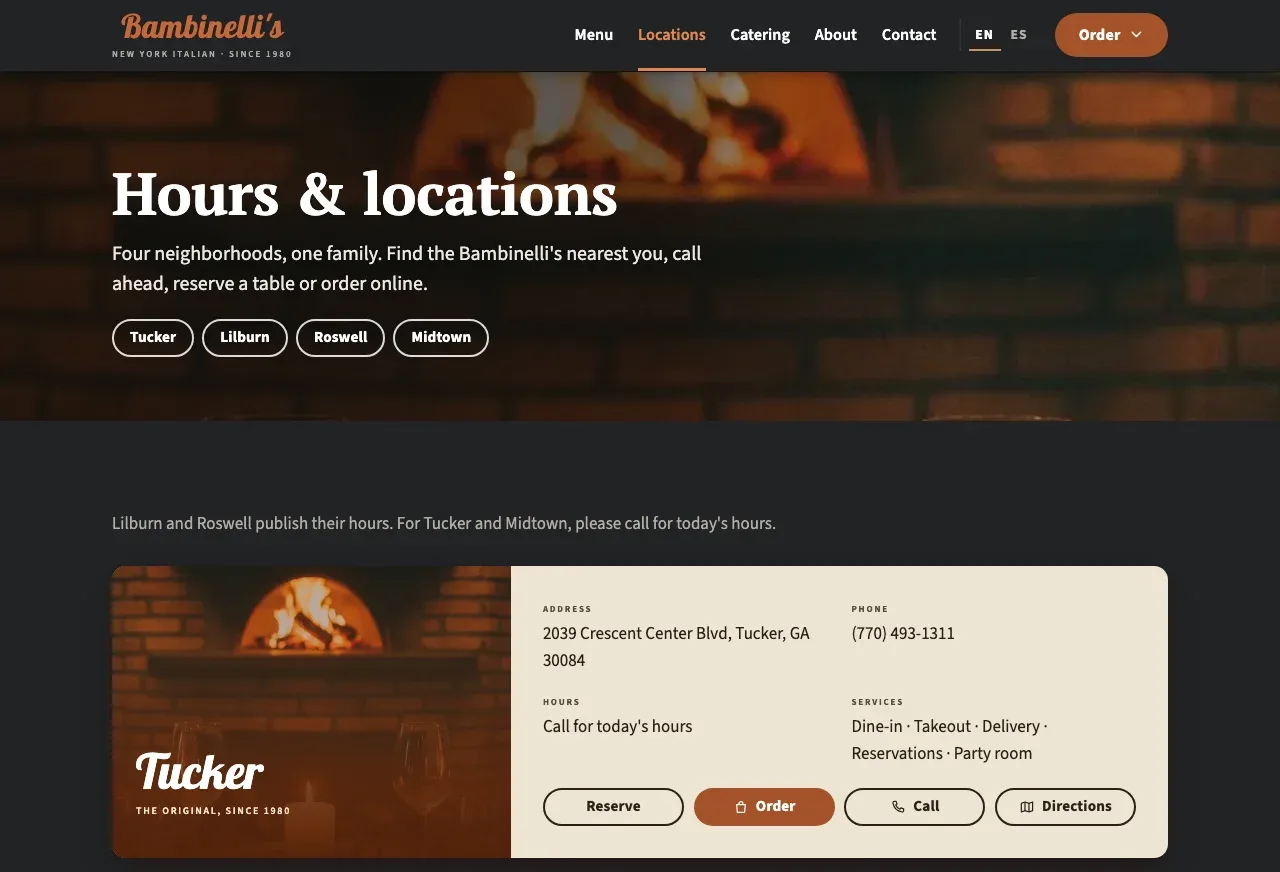 The live oven Hours & Locations page: a dark heading band and the Tucker location panel with its address, phone, services and action buttons
