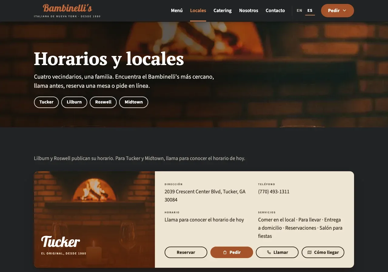 La página de horarios y locales del horno: una franja oscura con el título y el panel del local de Tucker con su dirección, teléfono, servicios y botones