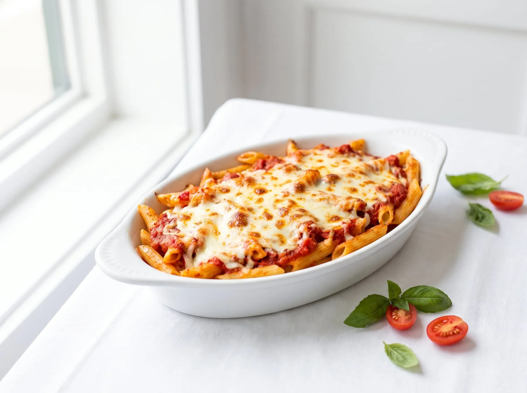 Baked ziti under browned mozzarella in a white baking dish