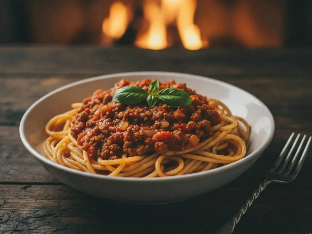 A bowl of spaghetti with meat sauce and basil