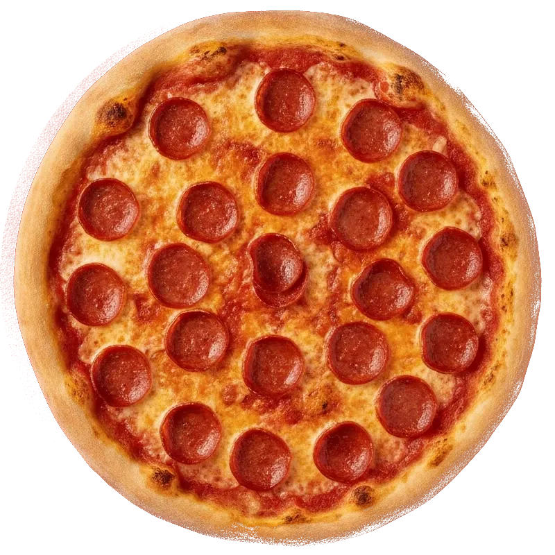 Overhead photo of a whole New York style pepperoni pizza on a tomato red block
